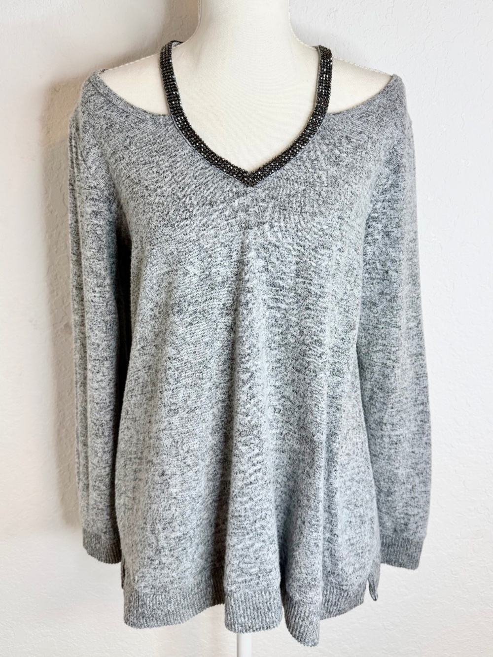 Juicy Couture Gray Knit Pullover Top With Rhinestone Trim Neckline, Size M